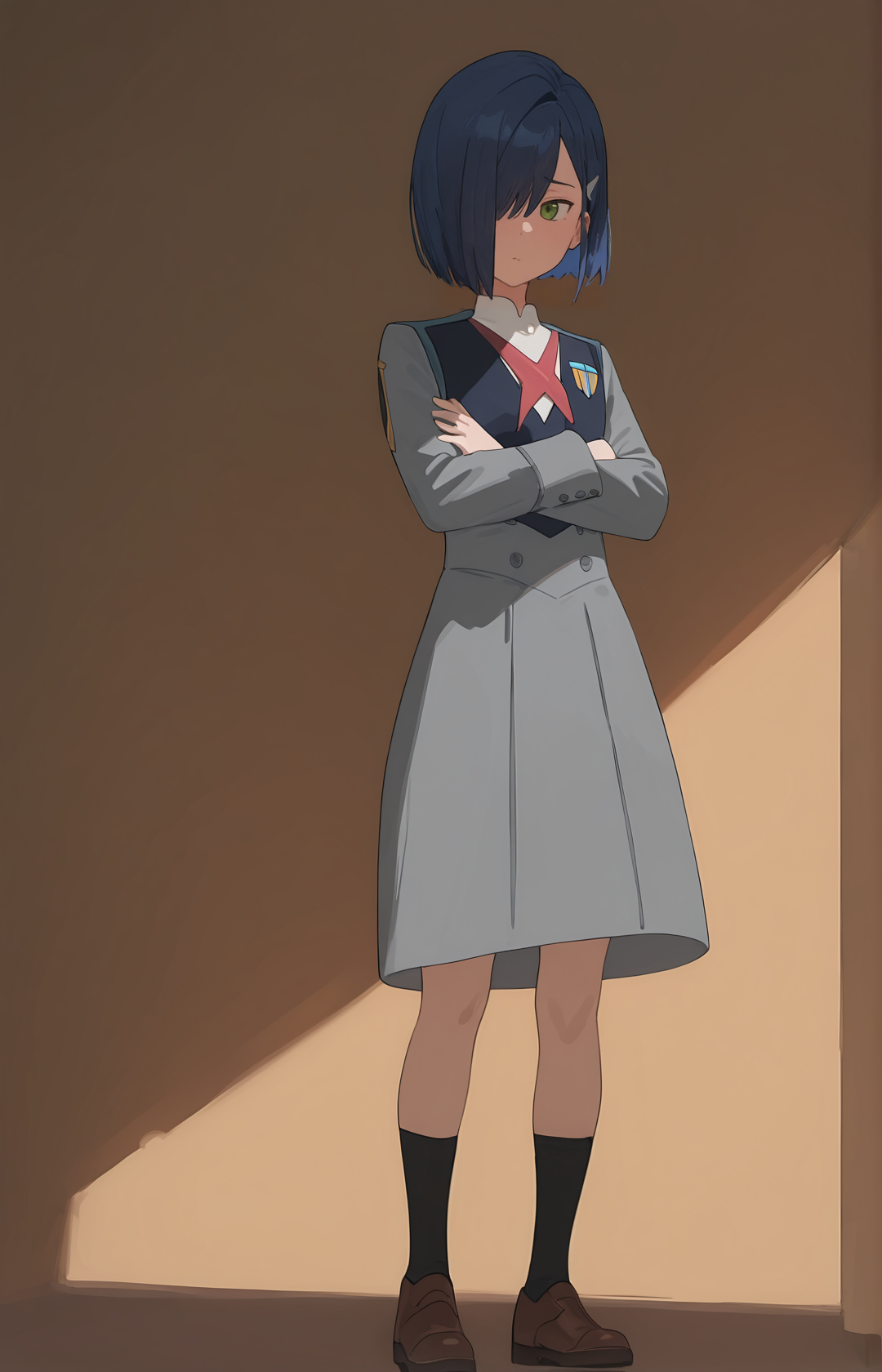 perfect quality,high quality,masterpiece,best quality,amazing quality,very aesthetic,absurdres,Cinematic Lighting,newest,
front view,full_shot,Raised eyebrows,
IchigoCYQL,1girl,solo,blue hair,short hair,green eyes,hairclip,hair ornament,hair over one eye,uniform,military uniform,dress,grey dress,long sleeves,socks,black socks,shoes,brown footwear,
full body,standing,crossed_arms,,
brown background,simple background,
<lora:spo_sdxl_10ep_4k-data_lora_webui:0.7>,<lora:MinimalistFlatColorXL_byKonan:0.5>,<lora:96YOTTEA-WAI:0.8>,,<lora:IchigoCYQL:1>,