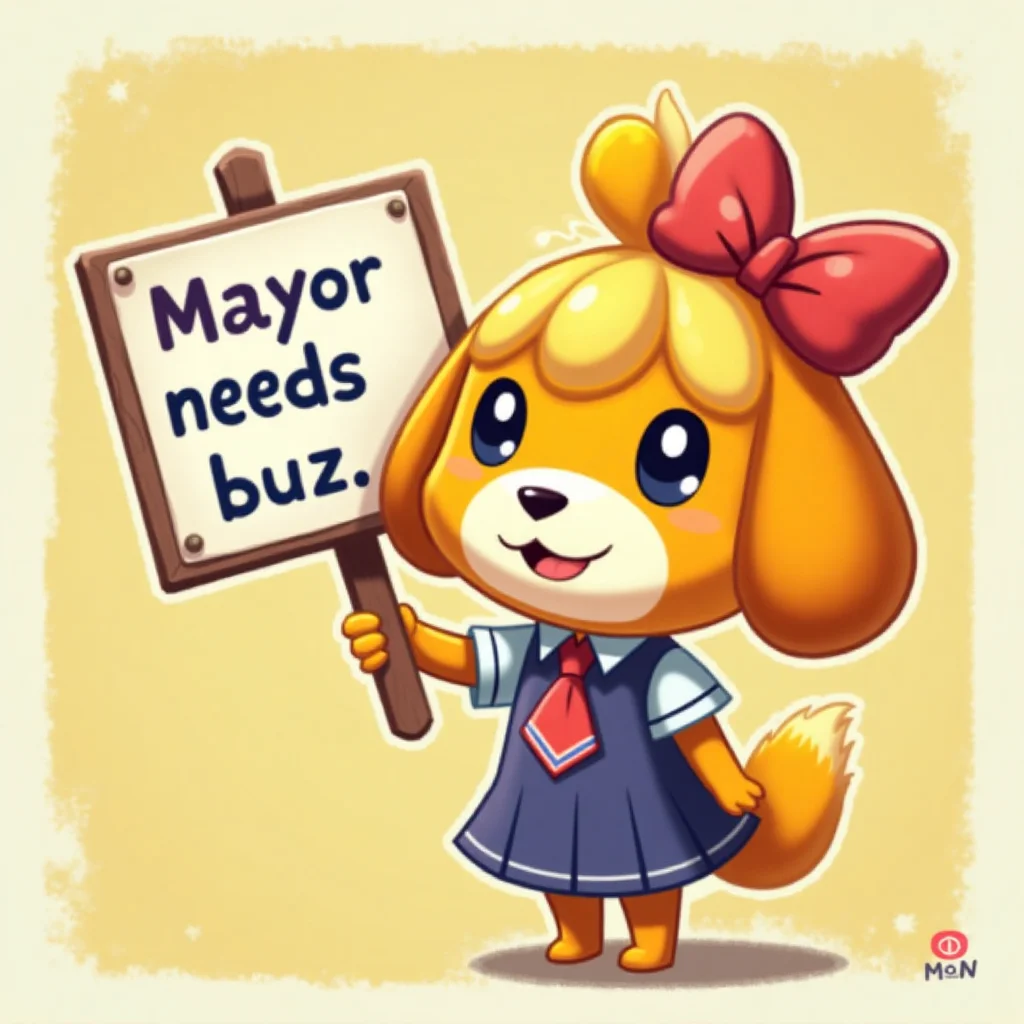 Isabelle from Animal Crossing holding up a sign that reads “Mayor needs buzz”
