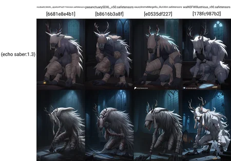 masterpiece, best quality, newest, (echo saber:1.3), hdr, dark, night, indoors, church, broken window, alter, 1ma1v0r, amulet, antlers, white bandages, bandaged arm, bandaged leg, claws, digitigrade, monster, sharp teeth, fangs, snout, white veil over eyes, covered eyes, werewolf, white fur, white hair, long hair, no humans,
<lora:Vicar Amelia:1>