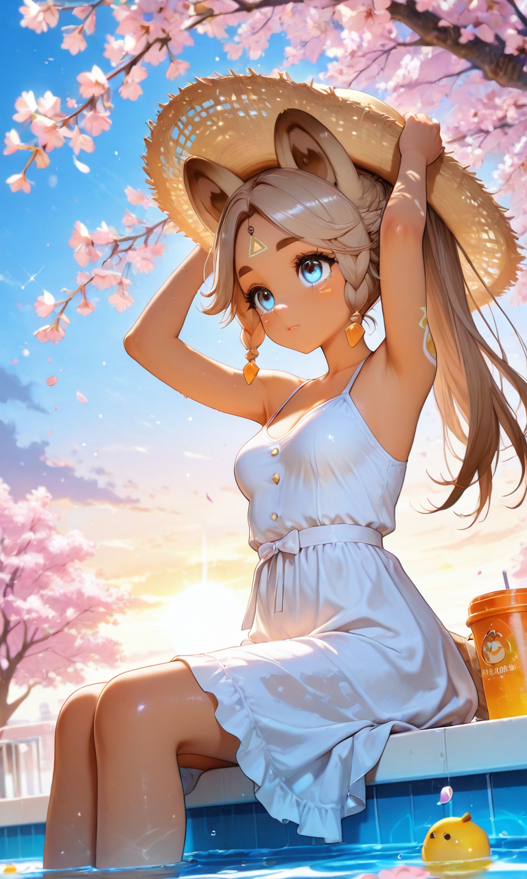 masterpiece, cute, lovely, (best quality:1.3), best quality, (amazing quality:1.3) ,very aesthetic, high resolution, absurdres, newest, 1girl, solo, perfect eyes, intricate eyes, Kachina_Genshin, animal ears, long hair, braid, high ponytail, brown hair, thick eyebrows, facial mark, blue eyes, parted bangs, tattoo, animal_tail, very cute, light particles, cute details, cute colors, (medium_breasts:1.3), BREAK, cherry blossoms background, delicate skin texture, fair skin, delicate face, long eyelashes, bright tones, wind, light particles, light, bright tones, motion lines, extremely detailed, intricate, delicate details, movie lighting, very beautiful, absurd, (Illustration: 1.2), (8K Wallpaper), (Beautiful, pretty eyes: 1.2), Delicate eyes, beautiful, soft colors, clear line, soft, colorful, swimming_pool, sunset, sun, sitting, view from below, (sitting on the edge of the pool), (feet in the pool), summer dress, long dress, white dress, summer hat, straw_hat, (holding the hat on his head), arms_above_head, (one_arms_up:1.2), 