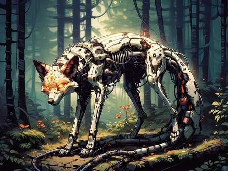 score_9, score_8_up, score_7_up, score_6_up, <lora:cyb0rgXLP:0.8> cyb0rg, solo, science fiction, cable, mechanical parts, black, feral, full body, glowing eyes, forest, fox