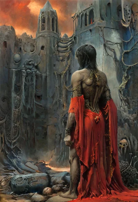 epiCRealism, Photo, A dark guardian of the Elden Ring lost chapel in a blood-red cloak, stands before a great ancient elden god, maintaining the integrity of the time loop, masterful Painting, itself<lora:xl_more_art-full_v1:0.3> <lora:sdxl_lora_beksinski-000018:0.5>