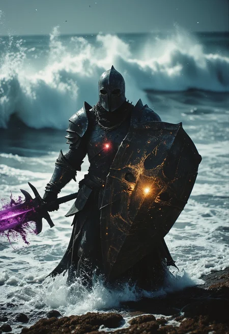 Upper body shot of a dark, menacing mechanical knight engaged in a bosstyle boss battle, captured with the gritty realism of an old analog camera. The knight’s battle-worn, intricately designed helmet reflects the eerie glow of his weapon—a massive, twisted sword. The blade crackles with dark energy, gathering ominously at its tip, where a glowing orb of dark purple and translucent amber light pulses with immense, destructive power. The energy radiates along the blade, casting a sinister glow that illuminates the knight’s helmet and armor, creating stark contrasts between light and deep shadows. Standing strong against a translucent Crystal dark-blueish Boss Made of waves Resembling an wide Fury Open shark mouth with teeth
In his other hand, the knight wields a formidable shield, adorned with jagged, twisted patterns and a ghastly visage that seems to stare into the souls of his enemies. The shield exudes a sense of dread, as if cursed by dark magic, amplifying the terror of his presence. The sword’s glow casts intricate shadows across the shield, highlighting its menacing details. The chaotic battlefield around them is set amidst large crystal-blue waves crashing with explosive force, intensifying the dramatic clash between the knight and his adversaries.