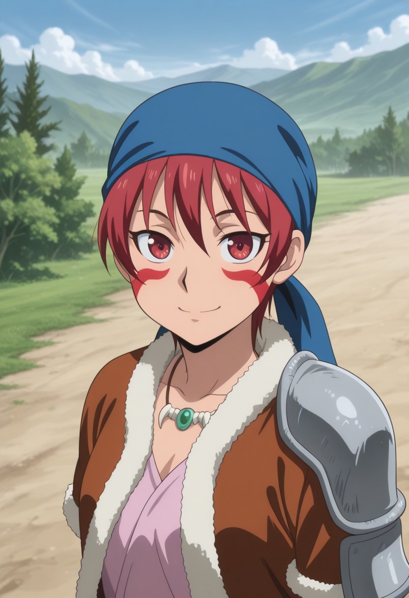 masterpiece,best quality,amazing quality, source_anime, 
alfarid, 1girl, solo, facepaint, red eyes, red hair, blue bandana, necklace, pink shirt, brown jacket, fur trim, shoulder armor, outdoor, smile,