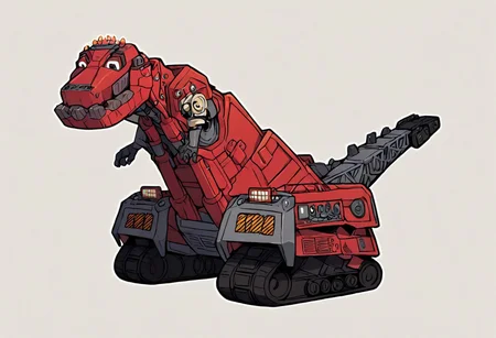 2D artwork, outline, simple artwork, Expressiveh, white eyes, black pupils, score_9, score_8_up, score_7_up, score_6_up, score_5_up, score_4_up, source_furry, hi res, t-trux, dinotrux, ty_rux, robotic dinosaur, construction vehicle hybrid, red body, gray body, smile, crane-like tail, caterpillar tracks, solo, 1boy, male, well-aligned parts, symmetrical, consistent design, smooth body