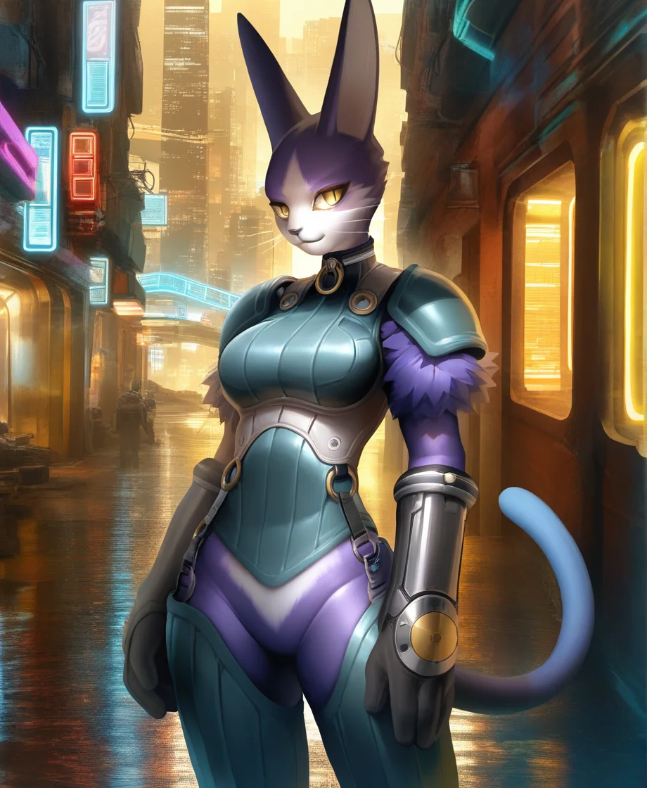 solo, miadothack, female, yellow eyes, whiskers, armor, city street, cyberpunk, detailed background, by takahirosi, highly detailed, masterpiece, <lora:MiaDotHackXL_05-Noob-nd32-na32-lr2-ep20:1>
