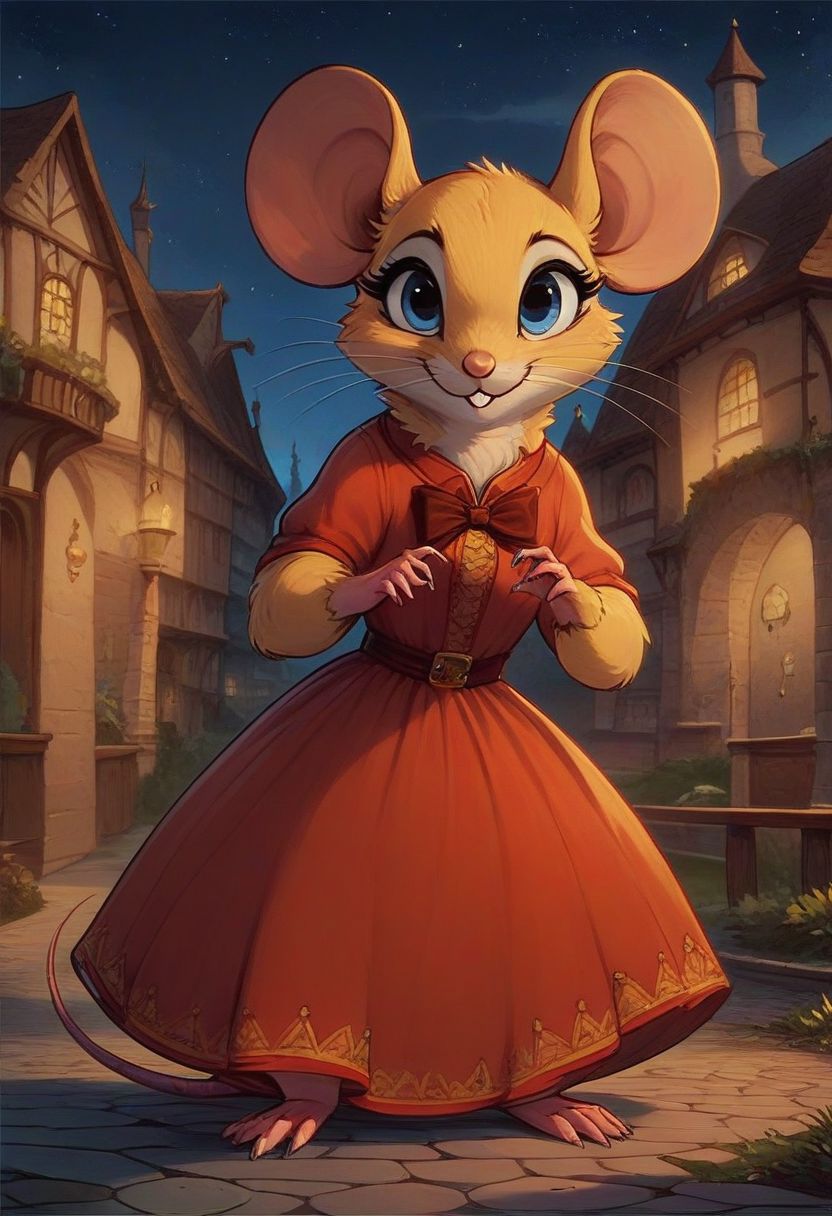 score_9, score_8_up, score_8, solo, (fluffy), feral, (feral), ((outdoors)), (((mouse))), female, blue eyes, yellow fur, yellow ears, claws, (fluffy cheeks:0.5), (simple red dress), in the style of beatrix potter, (cartoon style) fca style, cel-shading, village, solo, (solo:1.5), night, dark,