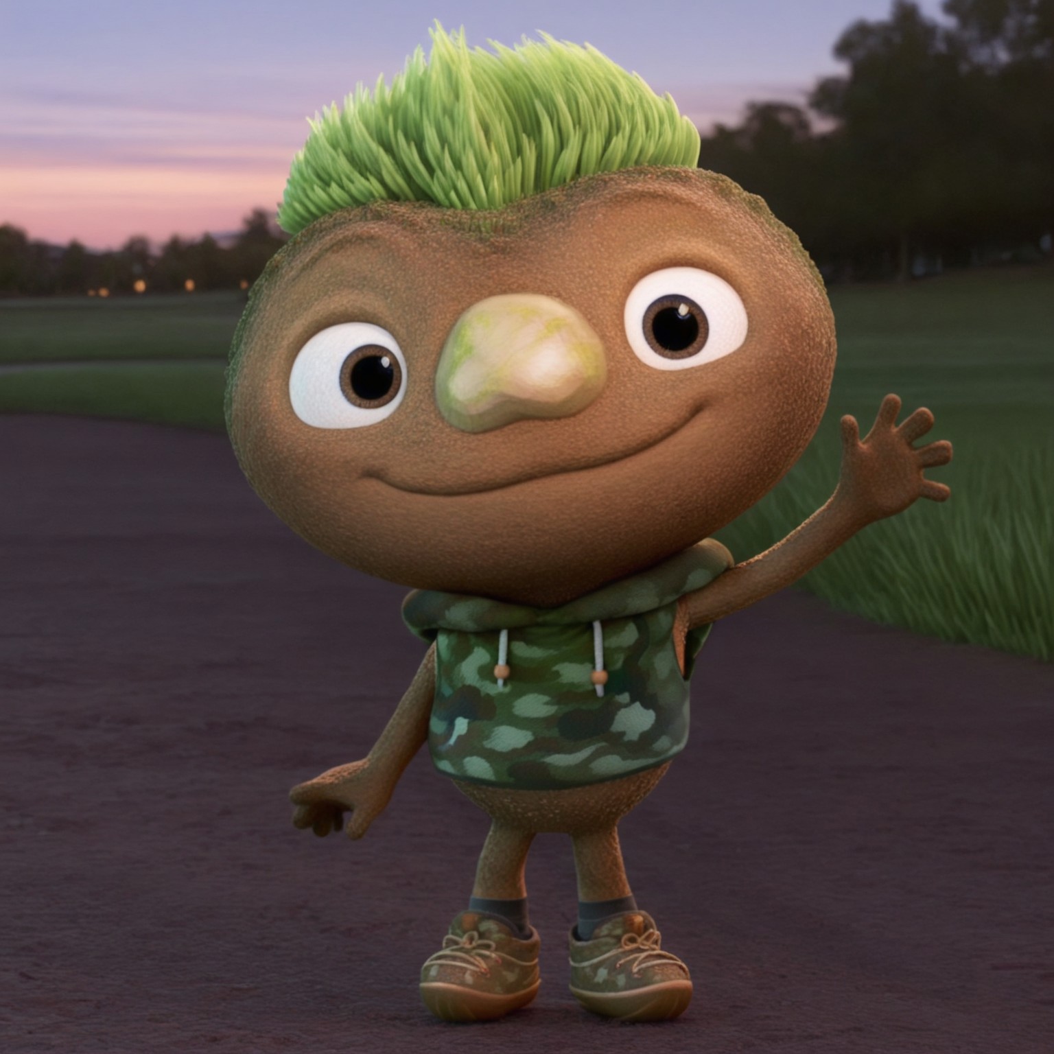 uncensored, masterpiece, best quality, highly detailed, realistic, 1boy, solo, ClodEM, male humanoid, elemental creature, earth elemental, green hair, grass hair, short hair, brown eyes, black pupils, stone nose, brown body, short male, camo hoodie vest, white drawstrings, black socks, brown sneakers, smile, closed mouth, looking at viewer, standing, grass, park, sunny, front view, detailed background, (5 fingers, waving)