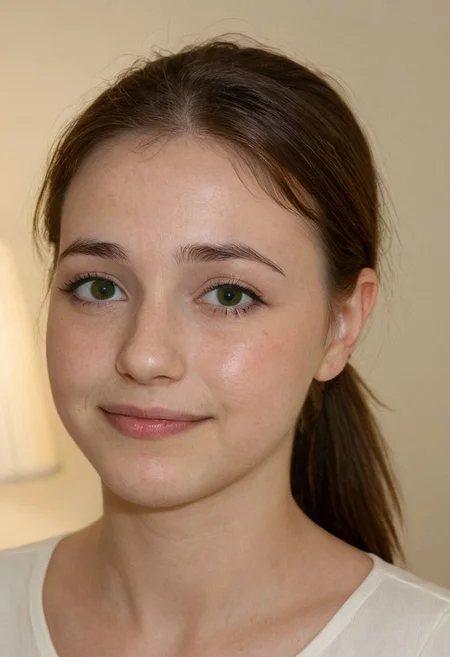 Close-up portrait of a shy 20-year-old girl with a small, delicate chin and large, expressive green eyes radiating sweetness. Her straight, chestnut brown hair is neatly tied back in a low ponytail. She has thin lips with a natural pink tint, minimal makeup, and a straight nose. Her hesitant, soft smile hints at self-doubt. Captured from the shoulders up in a simple white blouse, she stands in a softly lit room with warm, diffused light. The mood is tender and realistic, with a muted, earthy palette