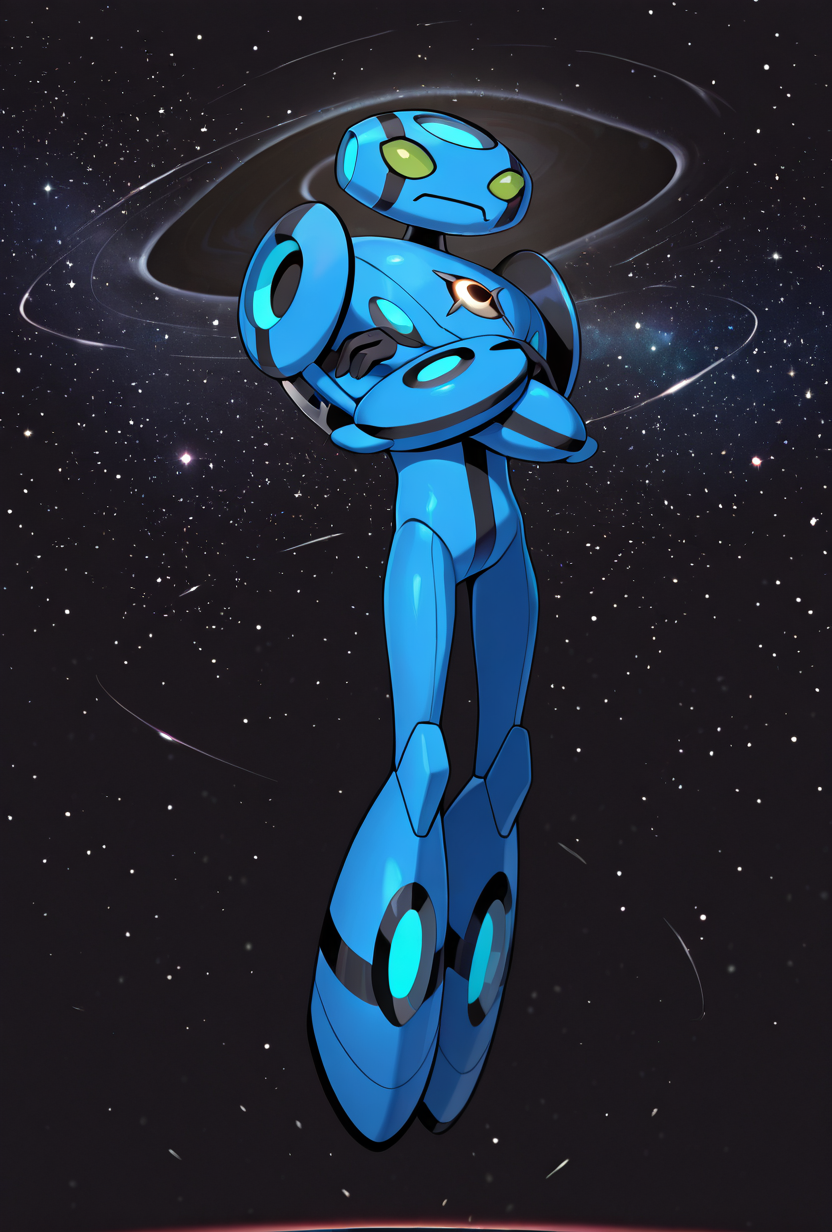 <lora:ulteco-10:1> ulteco, pokemon (creature),blue robot, green eyes, closed mouth, floating, straight legs, crossed arms, floating in space, stars, galaxy, black hole,, masterpiece, best quality, amazing quality, very aesthetic, absurdres, newest,