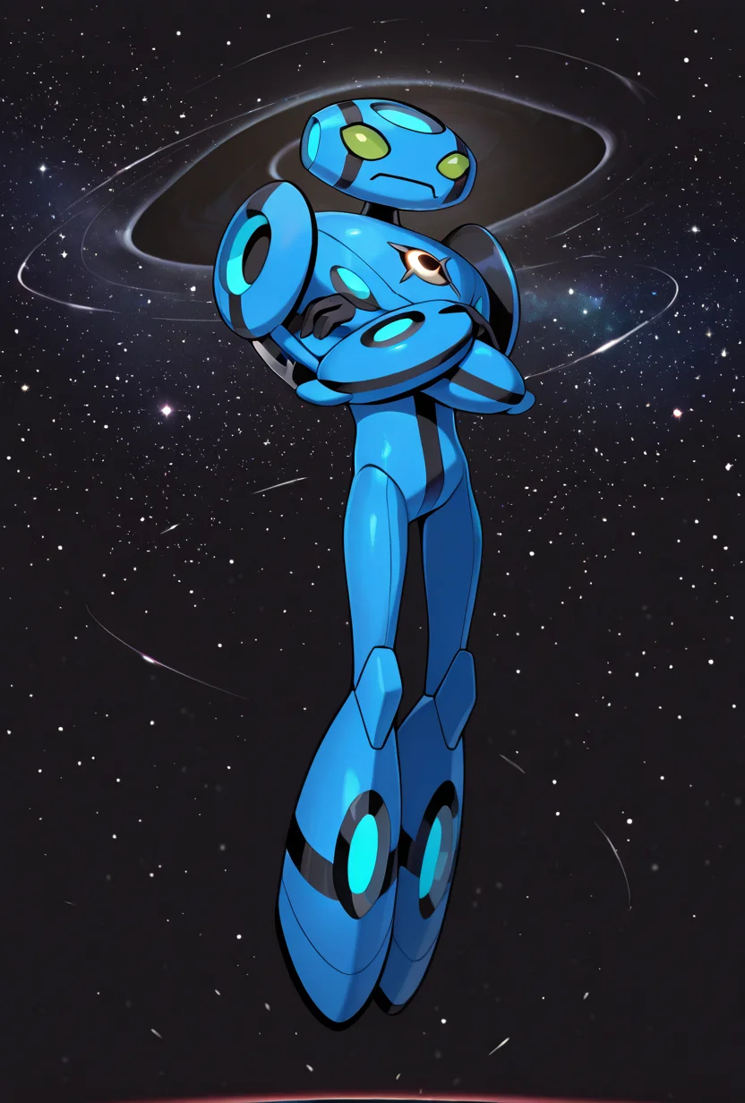 <lora:ulteco-10:1> ulteco, pokemon (creature),blue robot, green eyes, closed mouth, floating, straight legs, crossed arms, floating in space, stars, galaxy, black hole,, masterpiece, best quality, amazing quality, very aesthetic, absurdres, newest,