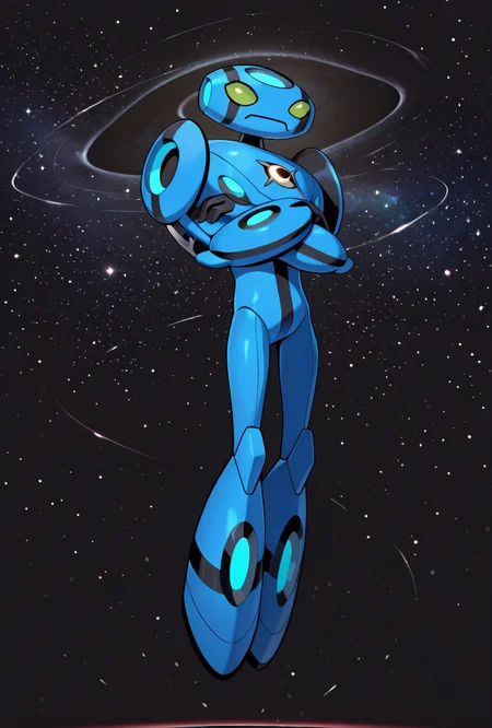 <lora:ulteco-10:1> ulteco, pokemon (creature),blue robot, green eyes, closed mouth, floating, straight legs, crossed arms, floating in space, stars, galaxy, black hole,, masterpiece, best quality, amazing quality, very aesthetic, absurdres, newest,