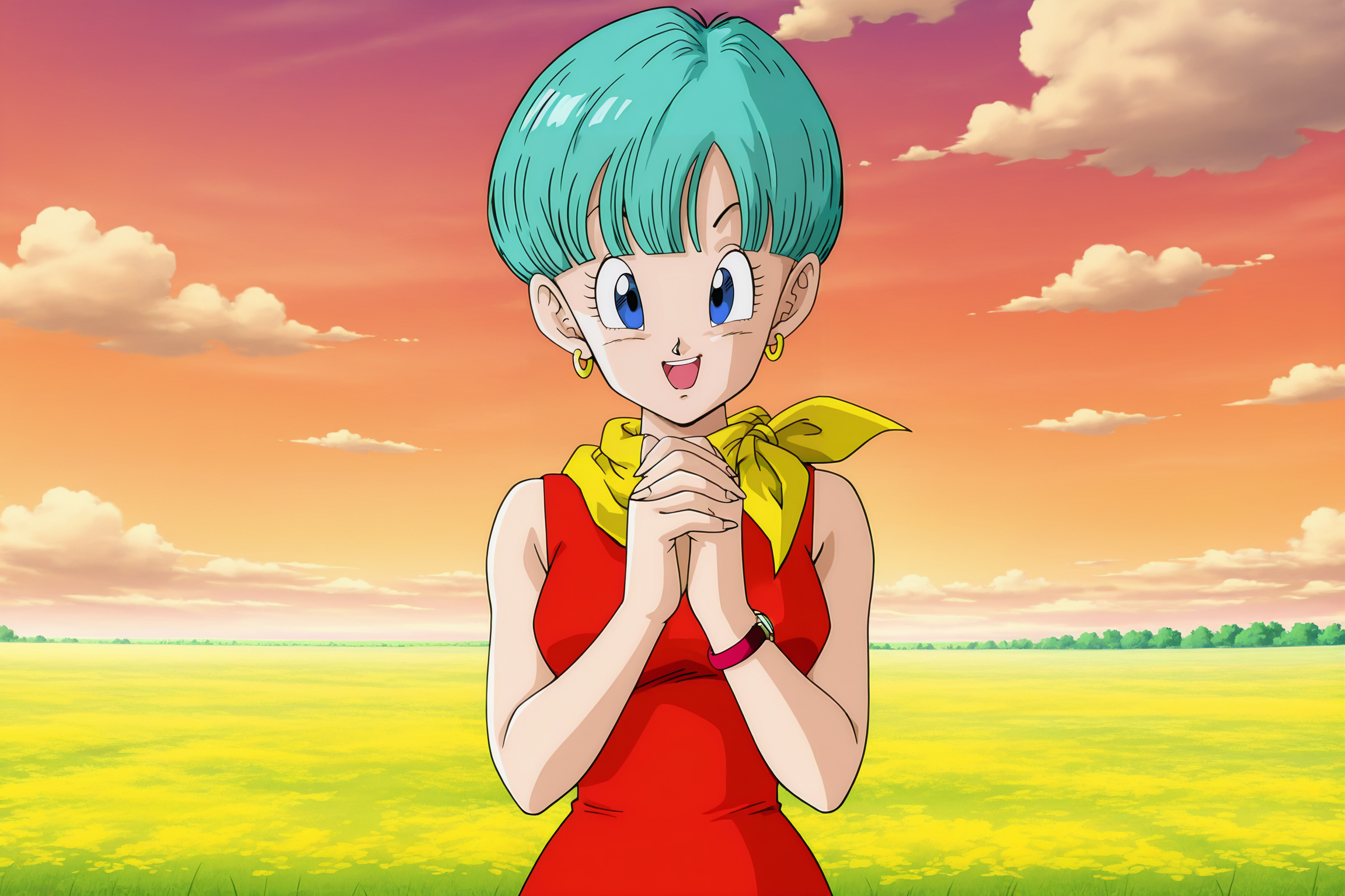 anime screencap, absurdres, high quality,
bulma, DBZ, red buu saga outfit, buu saga, official style, 1girl, solo, looking at viewer, smile, short hair, open mouth, blue eyes, field, bowl cut, hoop earrings, sky, sleeveless dress, cloud, yellow neckerchief, bracelet, aqua hair, red dress, own hands together, bare shoulders, wristwatch, eyelashes, outdoors
 <lora:Bulma_IL:0.8>