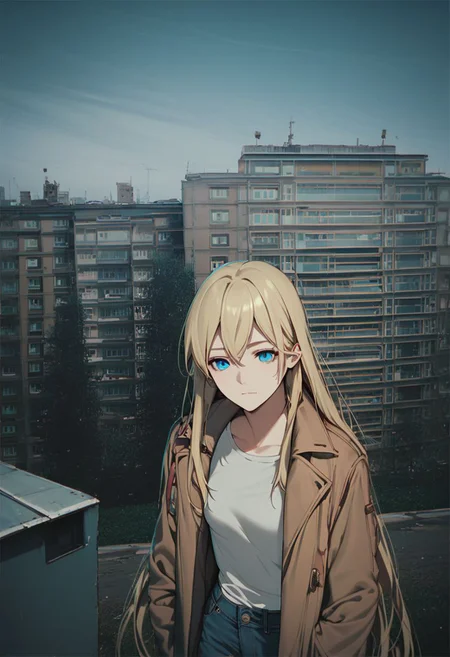 score_9, score_8_up, score_7_up, score_6_up, score_5_up, score_4_up, source_anime, 1girl, animeirl, blonde hair, very long hair, pale blue eyes, medium chest, jeans, coat, building, rooftop, depressed