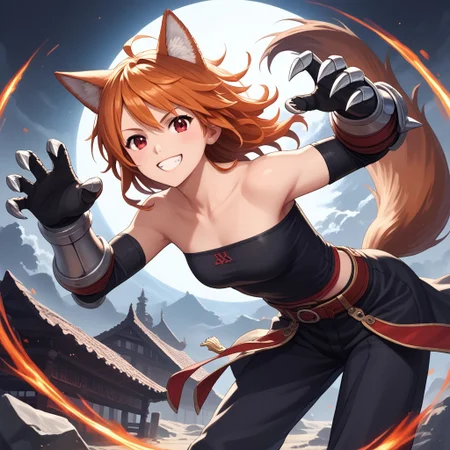 mullet hairstyle,red eyes,orange hair,
wolf ears,wolf tail,bent over
tubetop,clawed gauntlets,skiryt
smiling at viewer
acrobatic pose,action pose
cowboy shot
score_9, score_8_up, score_7_up, masterpiece, best quality, source_anime, source_hentai, uncensored, detailed background,