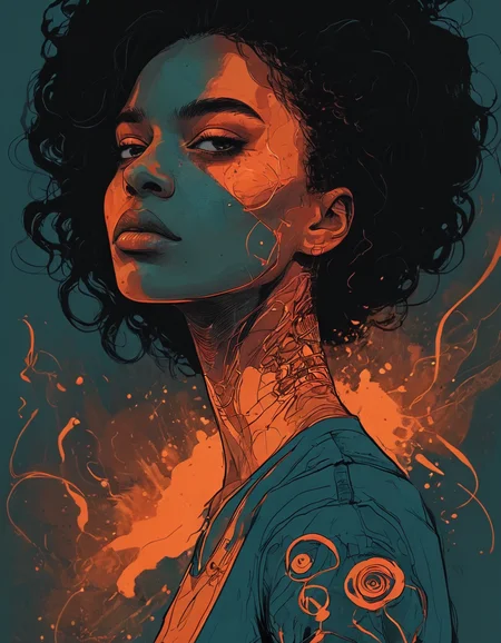 (style of El Huervo, Illustration:1.2), side view, fflix-npt, neon lights, Abstract illustration, concept art, dark azure and orange colors, of a black woman, in the style of the blue period, with a blue and orange palette, texture, vector illustration, poster design, vintage poster style, high contrast, high resolution, flat colors, pop art, InkSplash, style of Petros Afshar, Clyde Caldwell, max details, Sinozick Style