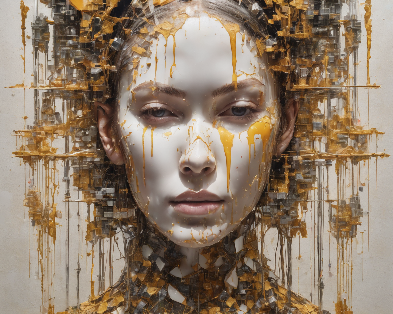Hyperrealistic art Technopunk,photolab,Kodak portra,Light caustics,Color splash,Multiple layers of silhouette,Pencil painting,trending on CGSociety,"Through shattered mirrors of memories,reflections of a soul emerge,fragmented yet beautiful.",dripping fluorescent white,(Wonderful, intricate),(a superb Art Brut Decollage art),<lora:Sweet_Sticky_xl-01:1> . Extremely high-resolution details, photographic, realism pushed to extreme, fine texture, incredibly lifelike
