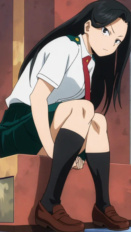 source_anime, masterpiece, best quality, amazing quality, anime screencap, high quality, 8k, absurdres, official style, 1girl, solo, looking at viewer, <lora:Momo_Yaoyorozu_iL:1>, m0m0 y40y0r0zu, black eyes, black hair, hair down, long hair, white school uniform, white shirt, skirt, pleated skirt, green skirt, necktie, red necktie, black socks, loafers,