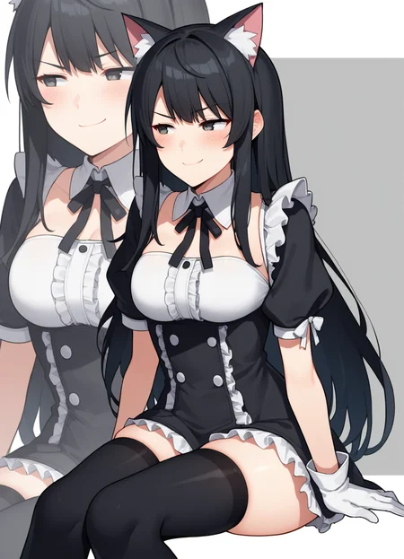 score_9, score_7_up,  source_anime
1girl, long hair, gloves, white gloves, medium breasts, black hair, cat ears, smirk, half-closed eyes, blush, sitting, bangs,  black thighhighs, skindentation, short sleeves, ribbon,  blush, simple background,  zoom layer, detached collar,  frills, looking to the side, leaning back,<lora:zoomlayer_xl:0.9>