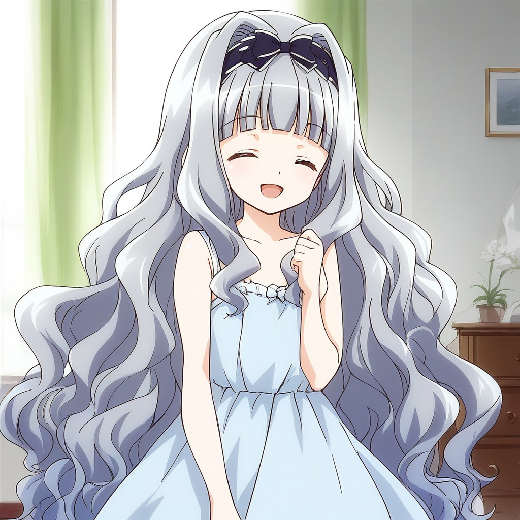 score_9, score_8_up, score_7_up, source_anime, rating_explicit, BREAK  <lora:Watayuki_Ver2.0_XL:1> Watayuki, hairband, very long hair, blue hair, grey hair, hair bow,  wavy hair, flat chest, blunt bangs,
 1girl, solo, closed eyes, smile, bow, open mouth, hair intakes, ribbon,
room, flooring, curtain,