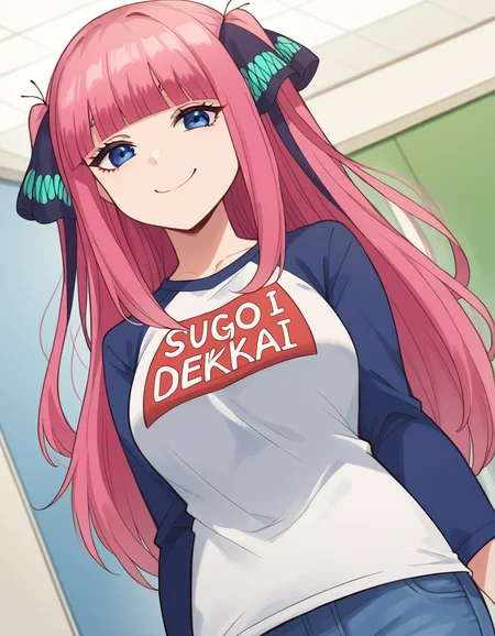 score_9, score_8_up, score_7_up, source_anime, <lora:nnakano-s1-ponyxl-lora-nochekaiser:1>, long hair, bangs, blue eyes, hair ornament, hair ribbon, pink hair, blunt bangs, two side up, butterfly hair ornament, mature female,, <lora:sugoi-dekai-ponyxl-lora-nochekaiser:1>, sugoi dekai, clothes writing, raglan sleeves, t-shirt, denim, denim skirt,, indoors, smile, smug,, cowboy shot, dutch angle,