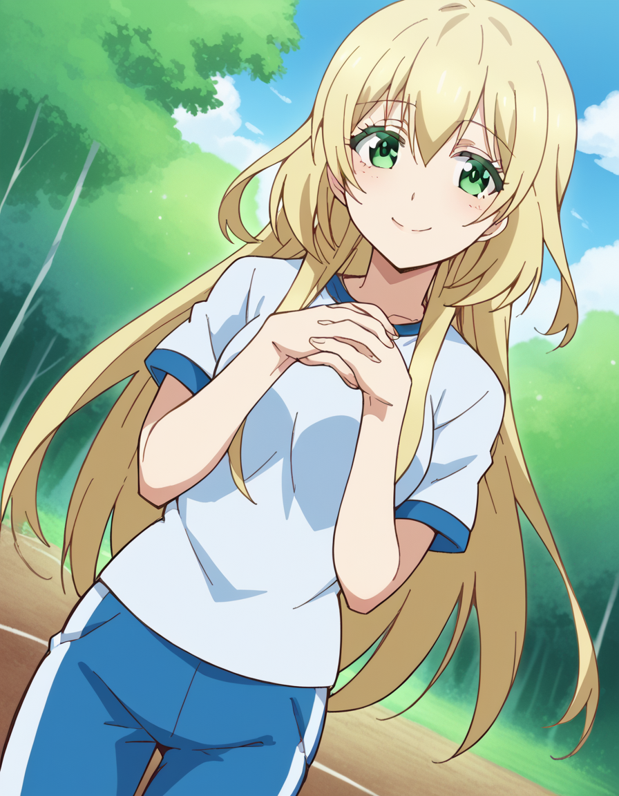 score_9, score_8_up, score_7_up, source_anime, <lora:yuki-nozaki-s1-ponyxl-lora-nochekaiser:1>, yuki nozaki, long hair, blonde hair, hair between eyes, green eyes, sidelocks,, shirt, pants, t-shirt, sportswear, track pants,, Natural settings, trees, rivers, sunlight, wildlife, smile, <lora:gendou-pose-ponyxl-lora-nochekaiser:1>, gendou pose, own hands clasped, own hands together, parody,, looking at viewer, solo,, dutch angle, cowboy shot