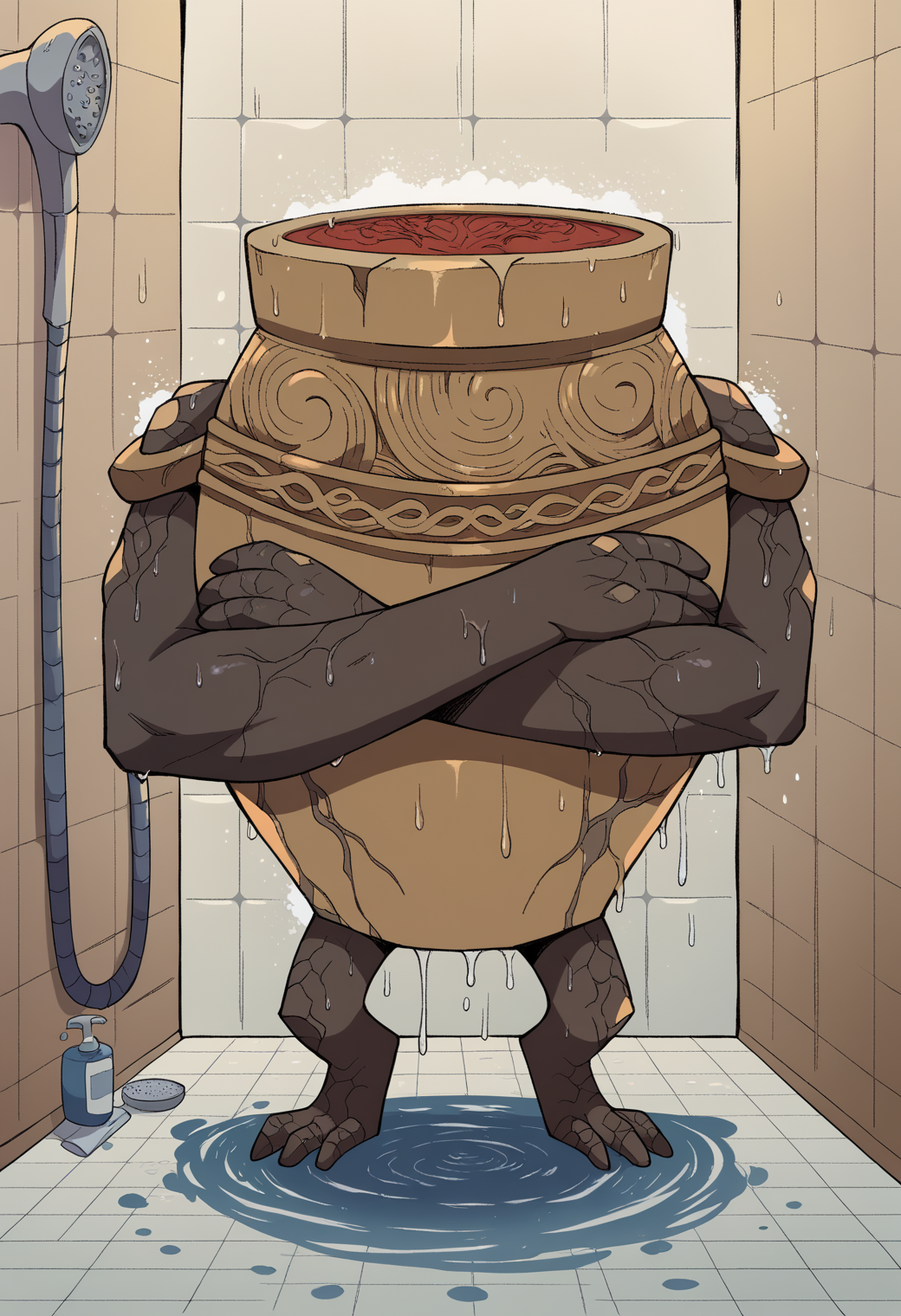 score_9, score_8_up, score_7_up, RythIFAlexanderPony, Alexander \(Elden Ring\), pot guy,RythIFAlexanderPony, crossed arms, standing, full body, front view, shower, wet, <lora:ifalexander:1>
