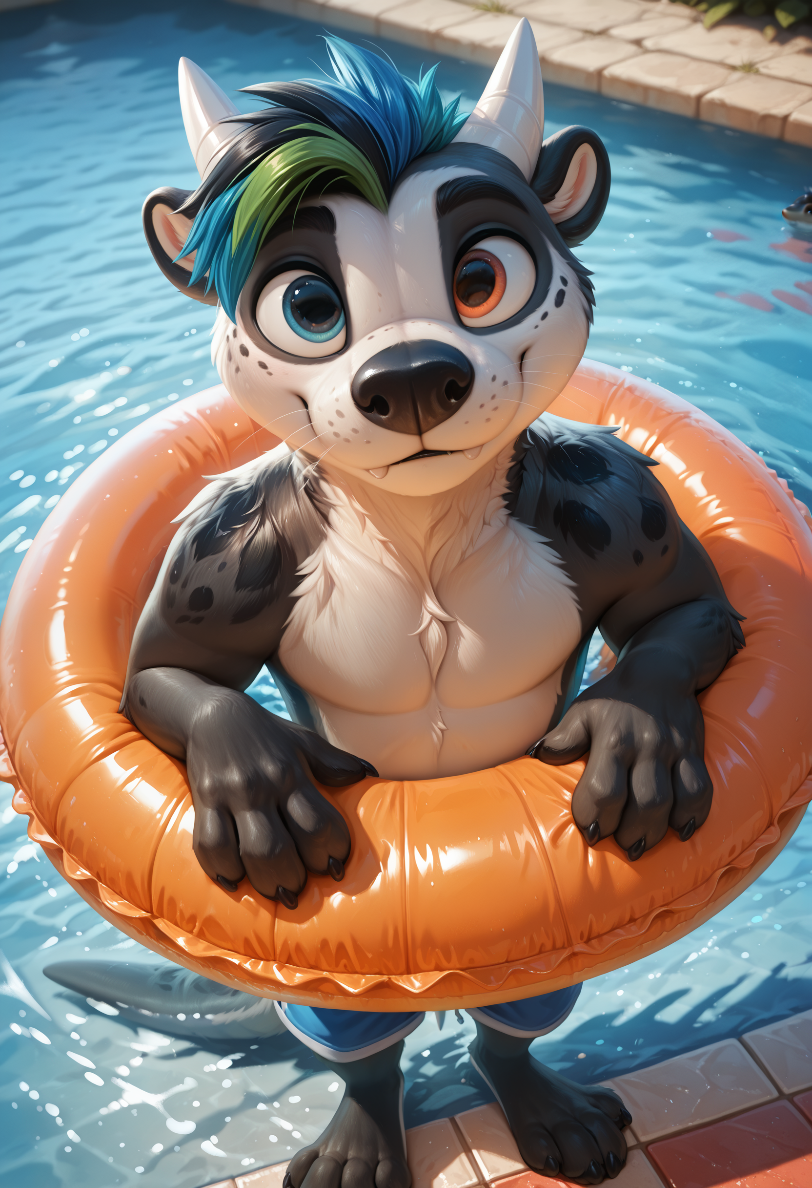 photorealism, photorealistic, detailed fur,  looking at viewer,  male, 1boy, solo, dragotter, otter, black body fur, short muzzle, white muzzle, adult, small ears, claws, heterochromia, horns, furry, anthro, solo, blue shorts, fangs, joy, lying in water, splashes, sound effect, 4 fingers,   water, outdoors, swimming pool, partially submerged, glistening, looking at another, hands up, swim ring, day, in water, swim with swim ring,   (syuro:0.8), (nomax:0.5), (honovy:0.6), (kenket:0.6), (taran fiddler:0.6), masterpiece, best quality, amazing quality, very aesthetic, absurdres, newest,