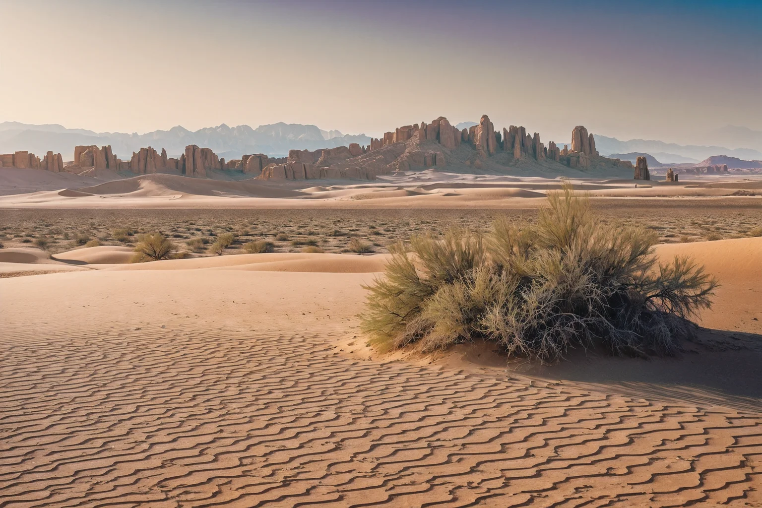 a desert with a few rocks in the background and a blue sky above it, and a few bushes in the foreground, Amir Zand, desert, a detailed matte painting, dau-al-set, award-winning photograph, naturalism, insane details, cinematic light, detailed, color grading, sunrise <lora:Instant_landscaper_XL:0.7>