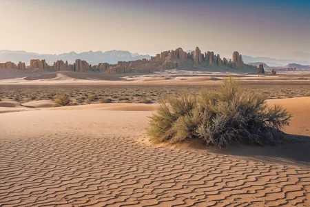 a desert with a few rocks in the background and a blue sky above it, and a few bushes in the foreground, Amir Zand, desert, a detailed matte painting, dau-al-set, award-winning photograph, naturalism, insane details, cinematic light, detailed, color grading, sunrise <lora:Instant_landscaper_XL:0.7>