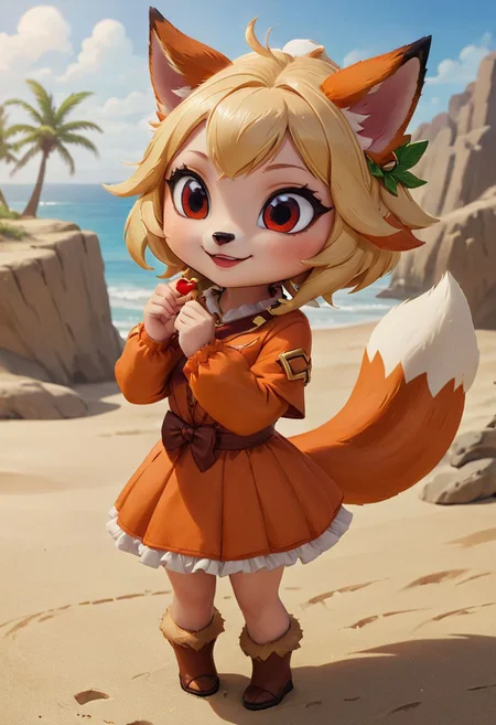 furry fox girl, ((brown fox)), (chibi), 
bad fox, with red big eyes,  beach,
(orange) dress, portrait, long blonde hair,
Hyperrealistic art high-quality portrait flat matte drawing of a cute Nendoroid and cartoon style, anime flat style, thick drawing, medium close-up", (solo:1.2), photorealistic:1.5, 8k, texture skin, realistic skin, detailed skin, highest detailed, extreme detailed, 8k wallpaper, colorful, (dark magic), ring with the stone, (intricate details), (hyperdetailed), 8k hdr, high detailed, lot of details, high quality, soft cinematic light, atmospheric perspective (focus on), color Ink wash painting, Extremely high-resolution details, photographic, realism pushed to extreme, fine texture, incredibly lifelike,