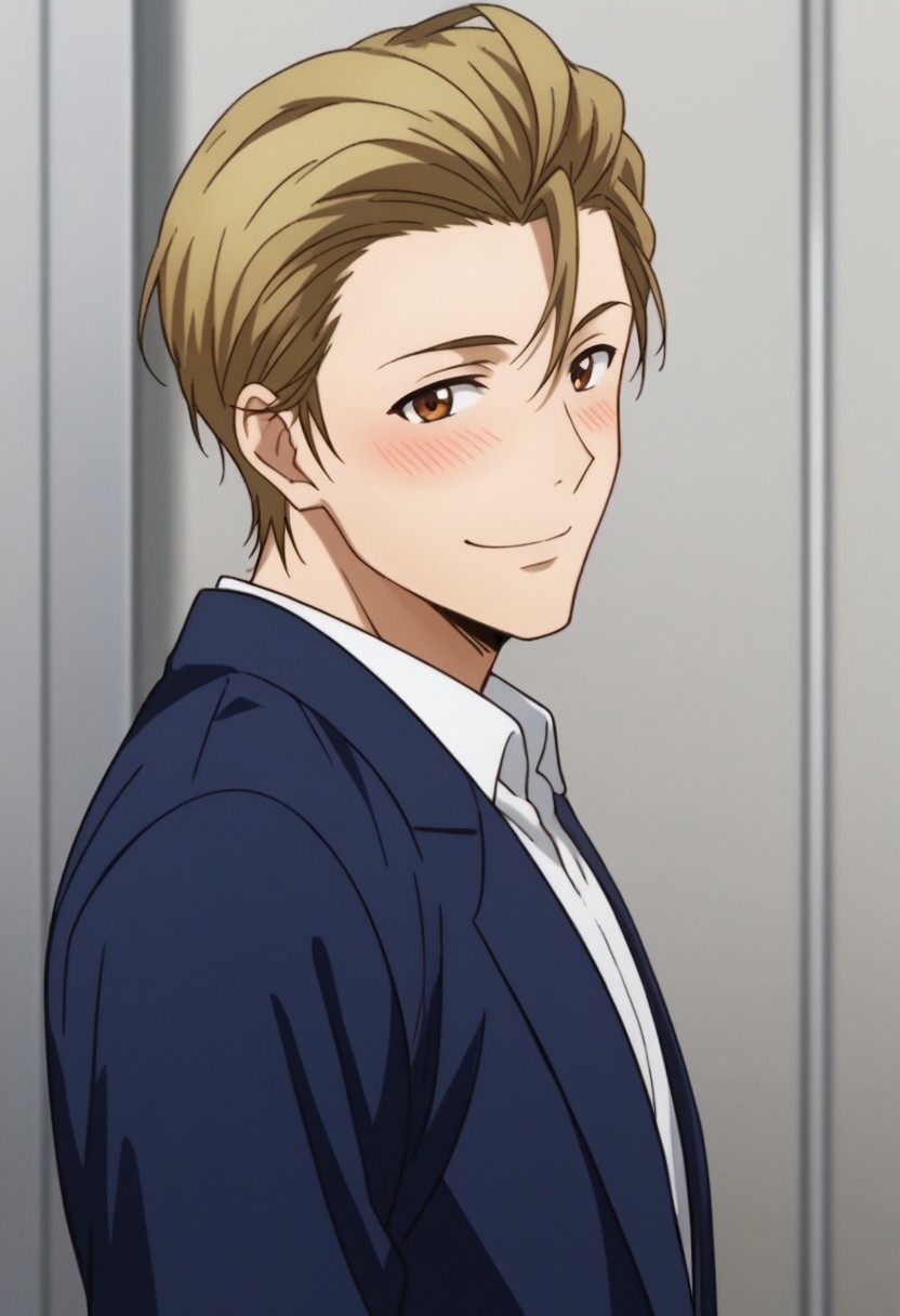 score_9, score_8_up, score_7_up, source_anime, rating_safe, Shinprison, 1boy, male focus, anime screencap, school uniform, formal wear, long sleeve blue blazer-suit, portrait, graduation photo, smile, blush, happy, He's finally graduating!
