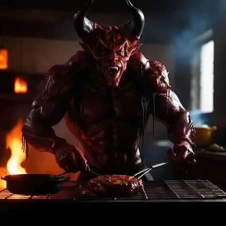Darkness1024, a demon wearing an arpon, cooking barbecue in hell, detailed eyes, highly detailed, photography, ultra sharp, film, bokeh, professional, 4k <lora:add-detail-xl:1.5> <lora:Darkness1024-000375:0.8>
