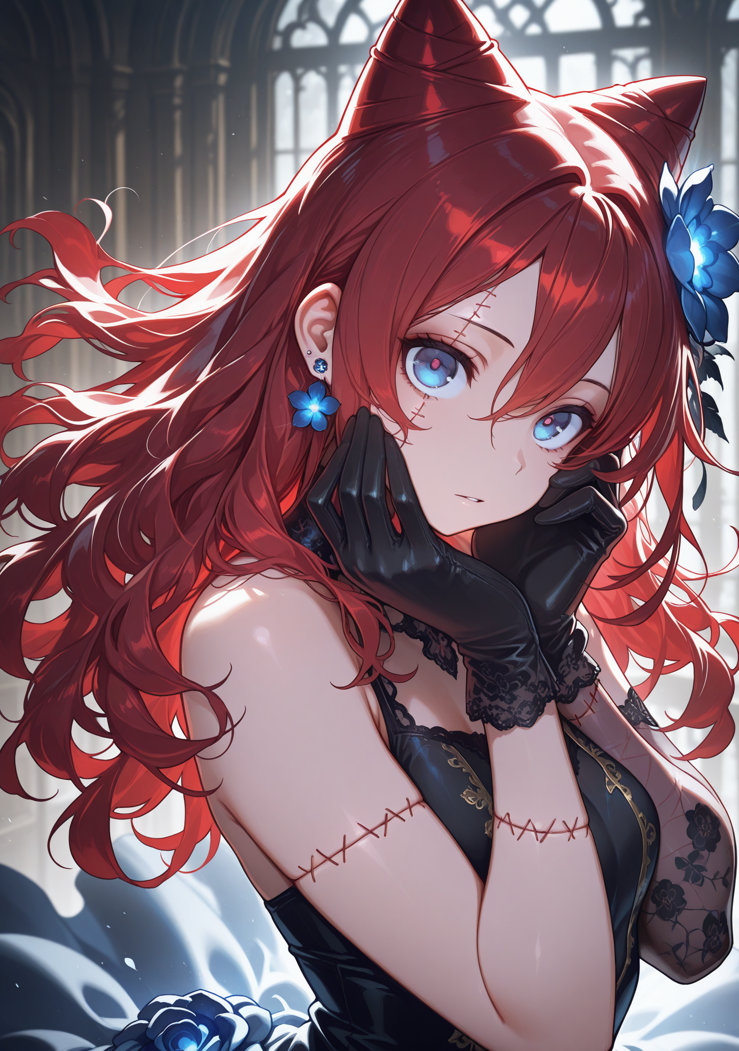 masterpiece,best quality,amazing quality,
1girl,<lora:ceresbotn:0.8>,
solo,flower,hair flower,long hair,hair ornament,gloves,red hair,jewelry,earrings,looking at viewer,black gloves,hair between eyes,blue eyes,dress,blue flower,hands on own cheeks,cone hair bun,stitched face,stitched arm,upper body,head tilt,from above,from side,