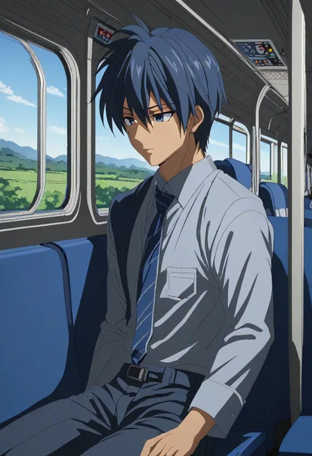 high resolution, solo, best quality, 1Boy, Tomoya Okazaki, Grey Blue Hair, train, inside train, OverallDetail