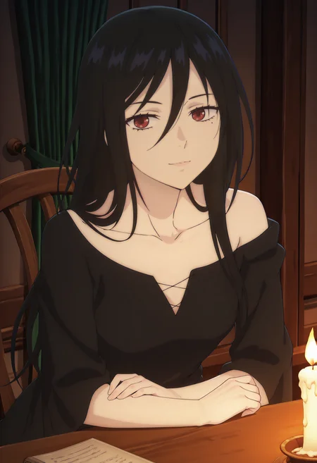 best quality, amazing quality, perfect quality, high quality, masterpiece, absolutely eye-catching BREAK
<lora:Sacrificial_Princess_and_the_King_of_Beasts_-_Anastasia:1> NiehimeAnastasia, mole under eye, red eyes, black hair, long hair, hair between eyes, small breasts BREAK
black dress, three-quarter sleeves, off shoulder BREAK
indoors, dim lighting, candle, table, book BREAK
1girl, solo, sitting, on chair, leaning forward, arm rest, light smile, looking at viewer, dutch angle
