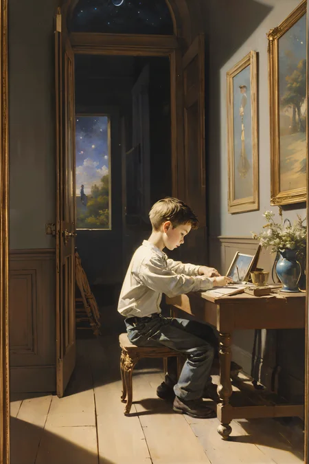 (1boy:1.4), space, stars, silver serfer, by Abbott Fuller Graves, impressionism, scene, still life