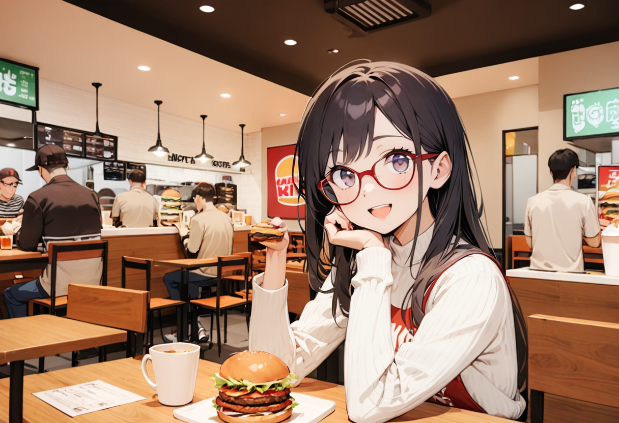 masterpiece, best quality, very aesthetic, absurdres, 
1girl, solo, glasses, black hair, long hair, white ribbed sweater, happy, smile, looking at viewer, open mouth, solo focus, sitting, across table, 
burgerking, scenery, indoors, burger, restaurant, striped shirt, food, multiple boys, chair, shirt, table, cup, sitting, striped, english text, pants, ceiling light
 <lora:burgerking_SDXL_V1:0.8>