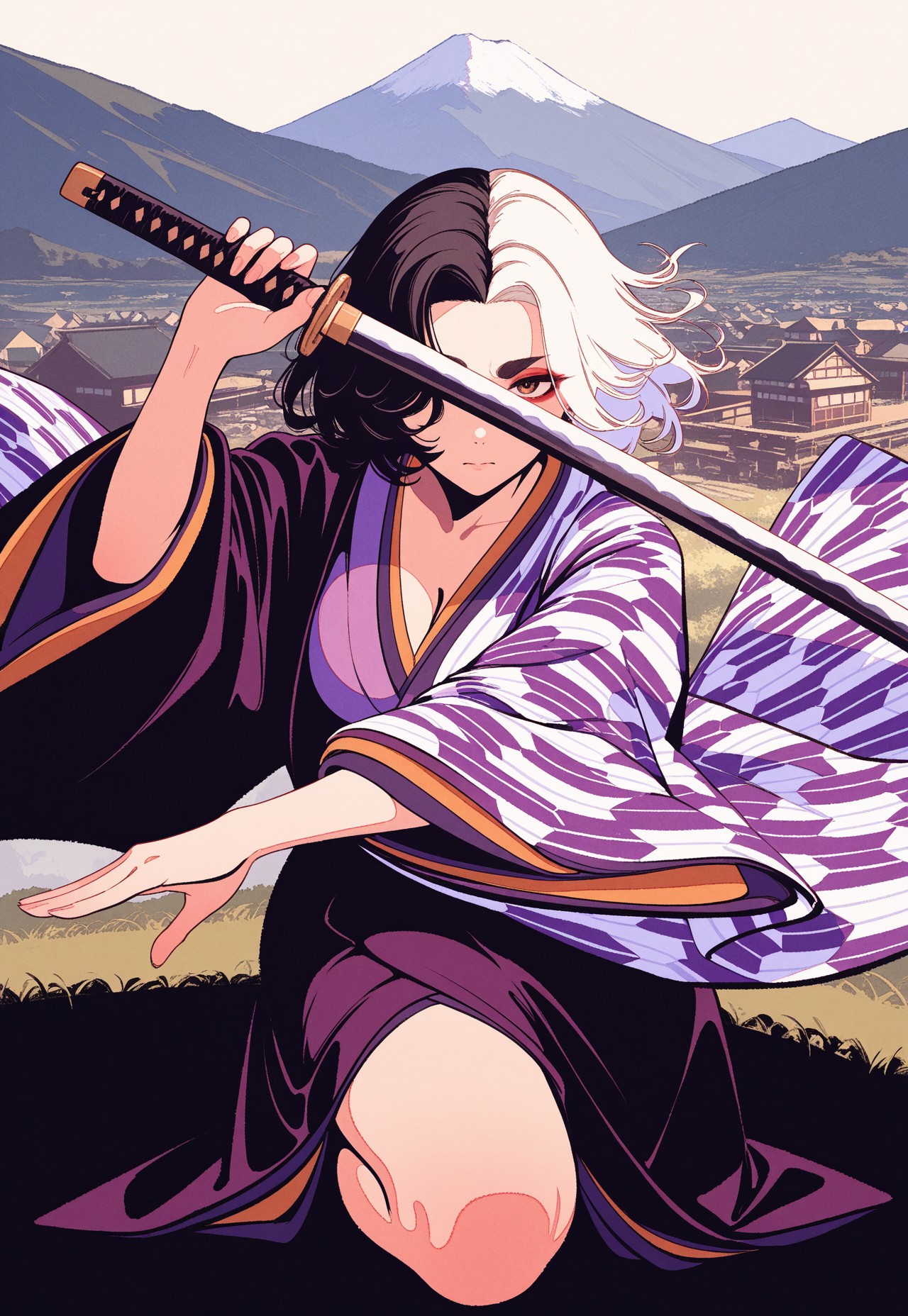 solo,
filled_composition, blending, on one knee, fighting stance, serious, katana over eyes,
furisode, layered kimono, wide sleeves, (yagasuri, unmoving pattern),
thick eyebrows,
[parted_hair, forehead],
(ushizaki_urumi:0.6), split-color hair, [eyeshadow], curvy, toned,
[village, japanese, mountainous horizon],
hamada_yoshikazu, moshimoshibe, tabisumika,
masterpiece, absurdres, newest, [dynamic pose]
