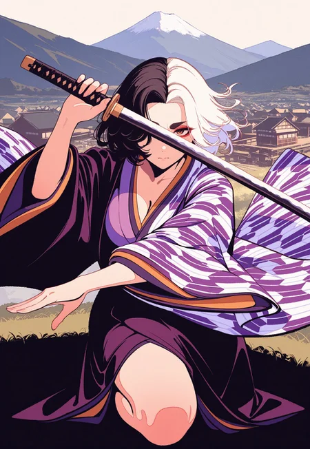 solo,
filled_composition, blending, on one knee, fighting stance, serious, katana over eyes,
furisode, layered kimono, wide sleeves, (yagasuri, unmoving pattern),
thick eyebrows,
[parted_hair, forehead],
(ushizaki_urumi:0.6), split-color hair, [eyeshadow], curvy, toned,
[village, japanese, mountainous horizon],
hamada_yoshikazu, moshimoshibe, tabisumika,
masterpiece, absurdres, newest, [dynamic pose]