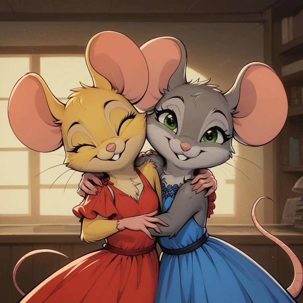 score_9, score_8_up, score_8, duo, (fluffy:0.8), claws, (fluffy cheeks:0.4), (feral:1.3), indoors, furry, (((mouse))), female, in the style of beatrix potter, fca style, cel-shading, hugging, (close up:1.5), (head and shoulder portrait:2), (cute:1.1)
(eyes closed, yellow fur, yellow ears, (red dress)), 
BREAK
(green eyes, grey fur, grey ears, (blue dress), (happy:0.5)),