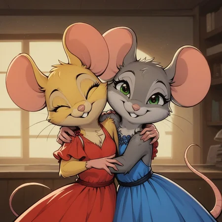 score_9, score_8_up, score_8, duo, (fluffy:0.8), claws, (fluffy cheeks:0.4), (feral:1.3), indoors, furry, (((mouse))), female, in the style of beatrix potter, fca style, cel-shading, hugging, (close up:1.5), (head and shoulder portrait:2), (cute:1.1)
(eyes closed, yellow fur, yellow ears, (red dress)),
BREAK
(green eyes, grey fur, grey ears, (blue dress), (happy:0.5)),
