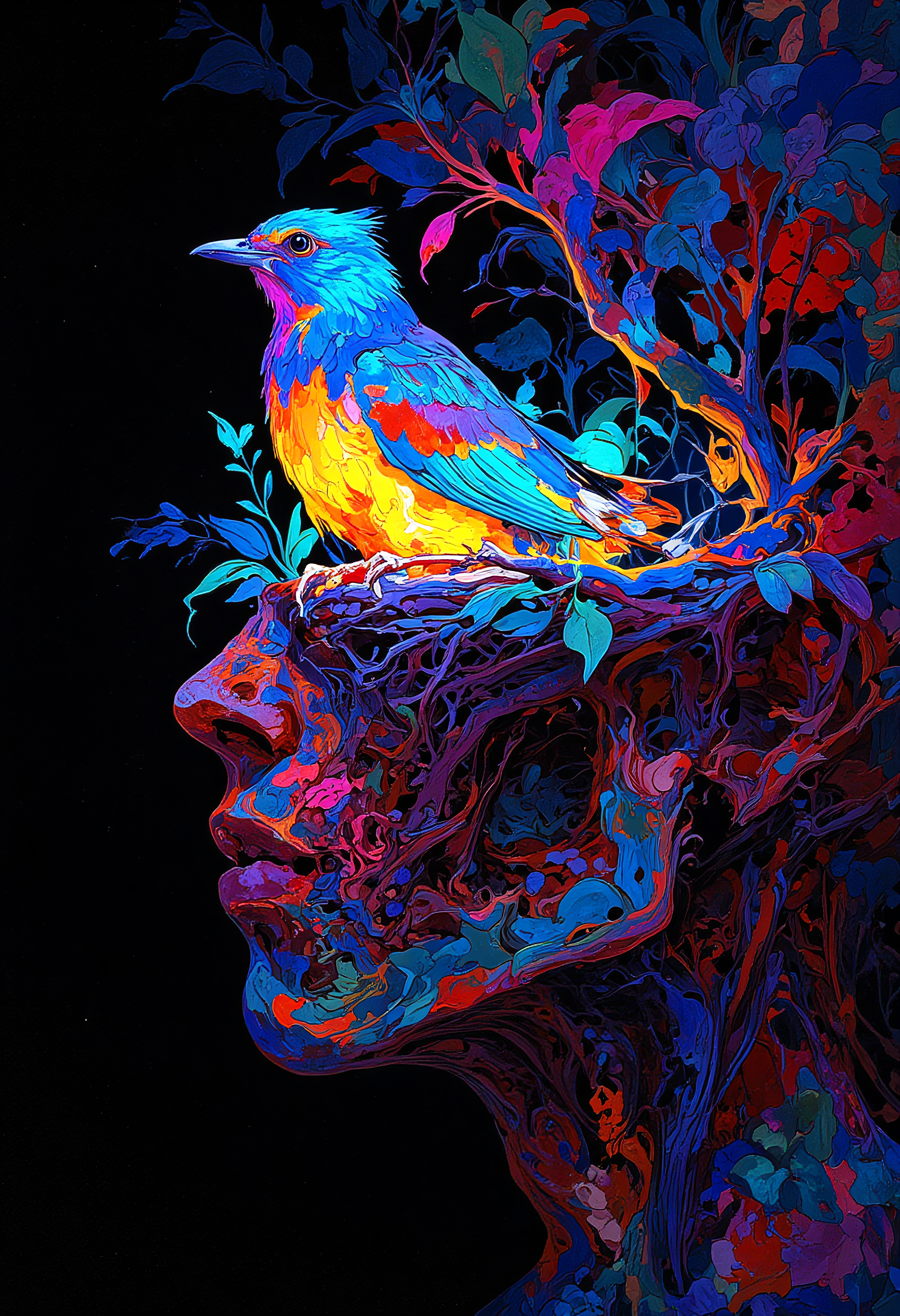 A close of a head with a cavity where the face should be, inside is a colorful glowing bird nesting
