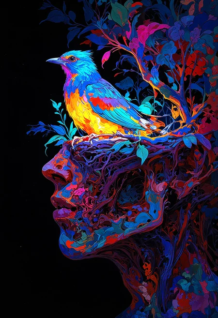 A close of a head with a cavity where the face should be, inside is a colorful glowing bird nesting