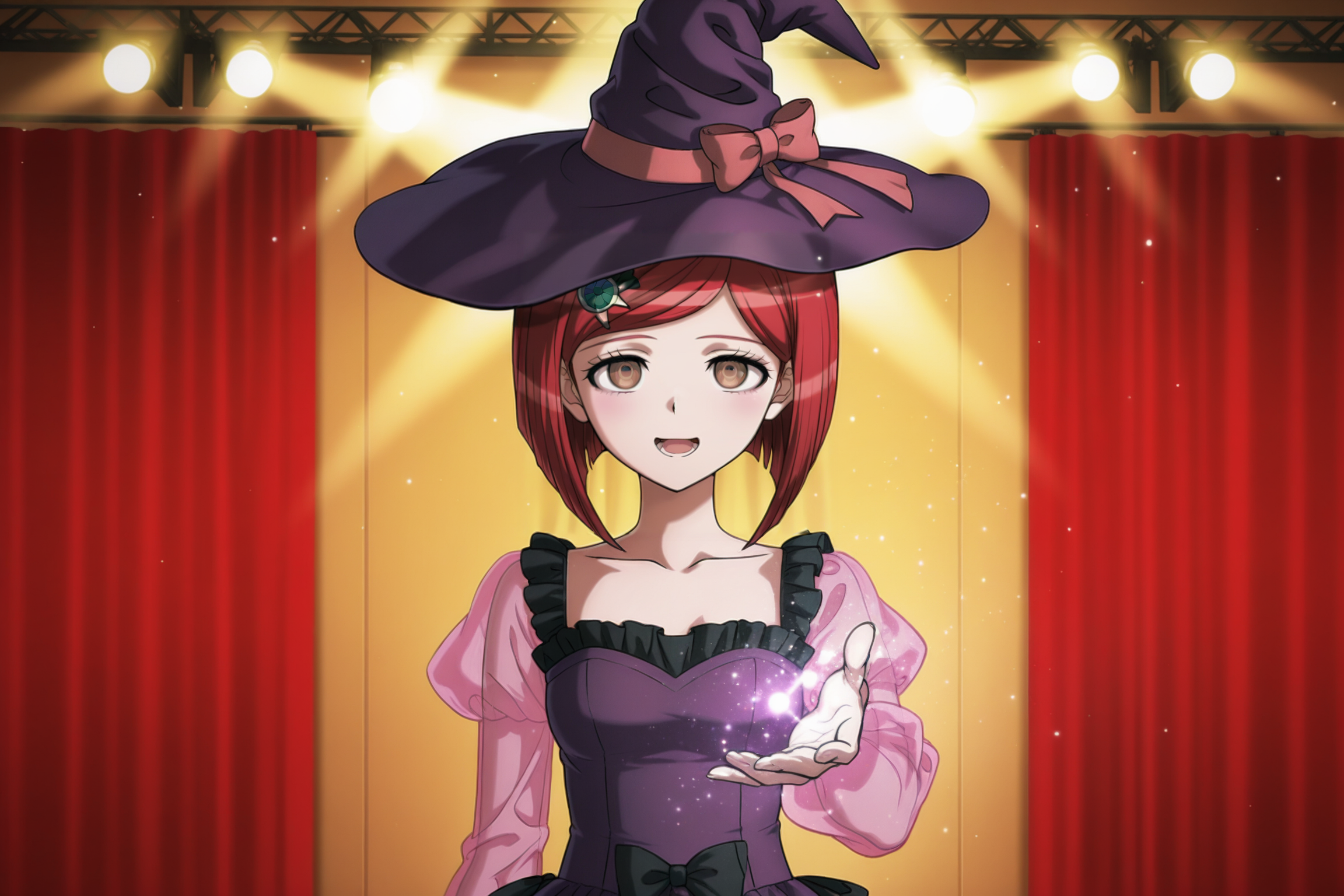 anime screencap, masterpiece, best quality, amazing quality, very aesthetic, absurdres,  newest, (scenery, volumetric lighting),
yyumeno himiko, 10th anniversary, official style, 1girl, solo, looking at viewer, short hair, open mouth, bangs, curtains, hair ornament, long sleeves, indoors, hat bow, brown eyes, standing, collarbone, upper body, :d, red hair, arm by side, outstretched hand, hairclip, magic, shiny hair, purple headwear, small hat, witch hat, lower teeth, purple dress, frilled dress, puffy sleeves, pink sleeves, see-through sleeves, dress bow,
stage, stage lights, light particles, 
 <lora:HimikoYumeno_IL:0.8>