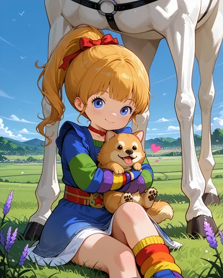 IllusP0s, PonyScores7, source_anime, ah1, IllustriousQual, interesting, exciting, spectacular, wonderful,
BREAK (Freeze Frame shot),
BREAK 1girl, <lora:Rainbow Brite Illustrious 1:0.6>, Rainbow Brite, Starlight, A white horse with a rainbow mane, <lora:shinyskin2:0.2>, glistening skin,
BREAK  (blonde hair), long hair, hair bow, updo ponytail, <lora:hairdetailpxl:0.2>, hairdetailpxl,
BREAK (blue eyes), <lora:expressive eyes:0.2>, expressive eyes, <lora:eyedetailpxl:0.2>, eyedetailpxl, <lora:Eyes_High_Definition:0.2>, EyesHD,
BREAK ((heart-breaking)), <lora:Expressive_H:0.2>, Expressiveh, <lora:Emotional_Anime_Expressions_PonyXL_Concept:0.2>, emotional, <lora:Best_Facial_Expression_LoRA_PONY:0.2>, looking at viewer, <lora:Detailed expressive EXEV style -XL Pony V1.0:0.2>, FaceDetail,
BREAK ((sitting on the ground, hugging a oversized dog)),
BREAK (Choker, Fingerless Gloves, rainbow Leg Warmers, multicolored dress, harness, belt, boots, rainbow sleeves),
BREAK (((a picturesque view of rolling hills covered in blooming lavender, where the vibrant purple flowers create a stunning contrast against the green landscape))),
BREAK <lora:xl_more_art-full_v1:0.2>, <lora:aesthetic_anime_v1s:0.2>, <lora:EpicF4nta5yXL:0.2>, <lora:detailxl:0.2>, detailxl, <lora:Fant5yP0ny:0.2>, best quality, amazing quality, best aesthetic, absurdres, illustration, Volumetric_Lighting, ultra-detailed, very aesthetic, intricate details, 8k, masterpiece, best_quality
BREAK Stable_Yogis_PDXL_Positives, AS-Adult, <lora:Complicated fantasy portrait - XL Pony V2.0:0.2>, bad-hands-5, <lora:HDA_Detailer:0.3>,
