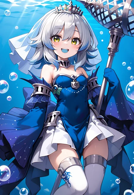 (score_9:0.9),score_8_up,score_7_up,rating_safe,anime style,(zPDXL),(zPDXL3),<lora:Tearlaments Merrli ponyXL v1.1:0.6>,blue dress,tearlaments merrli,silver tiara,blue detached sleeves,mermaid,calf fins,1girl,solo,blue bridal veil,smile,blush,open mouth,looking at viewer,:d,teeth,white thighhighs,air bubble,staff,holding staff,blue mouth,underwater,sleeves past wrists,