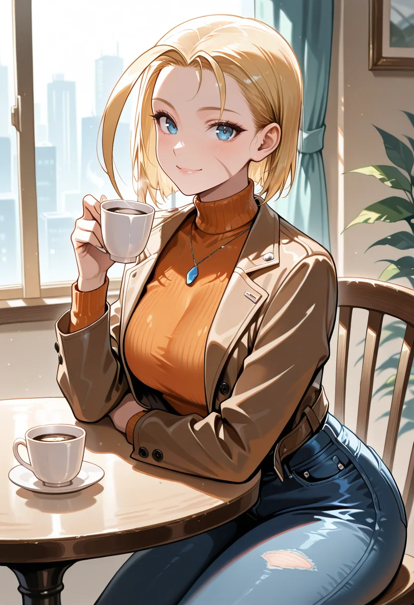 masterpiece, best quality, newest, absurdres, highres, <lora:CammyWhiteIllustrious-000007:0.9>, CAMMS6, short hair, blonde hair, huge ahoge, blue eyes, smile, orange turtleneck, brown jacket, necklace, smile, sitting, smile, cup of coffee, smile, looking at viewer, sitting, chair, table, window, 1 girl, solo, breasts, jeans,