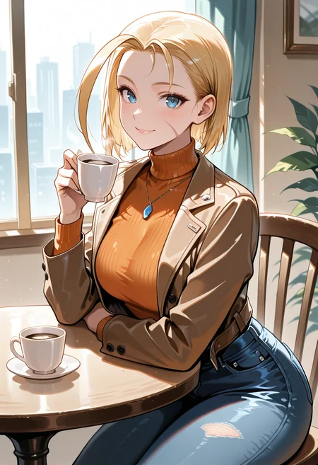 masterpiece, best quality, newest, absurdres, highres,  <lora:CammyWhiteIllustrious-000007:0.9>, CAMMS6, short hair, blonde hair, huge ahoge, blue eyes,  smile, orange turtleneck, brown jacket, necklace, smile, sitting, smile, cup of coffee, smile, looking at viewer, sitting, chair, table, window, 1 girl, solo, breasts, jeans,