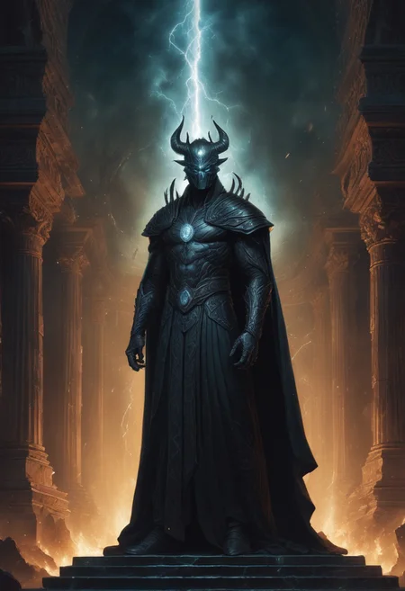 a towering figure emerges from the shadows at the convention, its godly presence commanding attention. the 35 year old deity stands atop a dais of black stone, its piercing blue eyes glowing like lanterns in the dark. the air is heavy with the scent of smoke and ozone as thunder rumbles outside, echoing the turmoil within. a tattered cloak billows behind it, embroidered with ancient runes that seem to writhe and twist like living serpents. the god's face is a mask of unyielding fury, its features chiseled from granite and adorned with horns that curve like scimitars. at its feet lies a altar of black marble, upon which rest three gleaming obsidian orbs that seem to pulse with an otherworldly energy. as the convention attendees watch in awed terror, the god's gaze falls upon them, as if sizing them up for some unknown purpose. the atmosphere is heavy with foreboding, the very fabric of reality seeming to warp and distort around this divine presence., <lora:sdxl_lightning_8step_lora.safetensors:0.6>